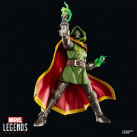 Marvel Legends Emperor Doom 6-inch action figure with green hood and red cape by Hasbro on black background