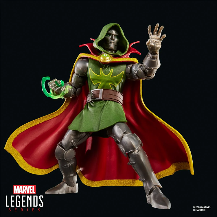Emperor Doom Marvel Legends 6-inch action figure wearing green and red cape with energy effect by Hasbro