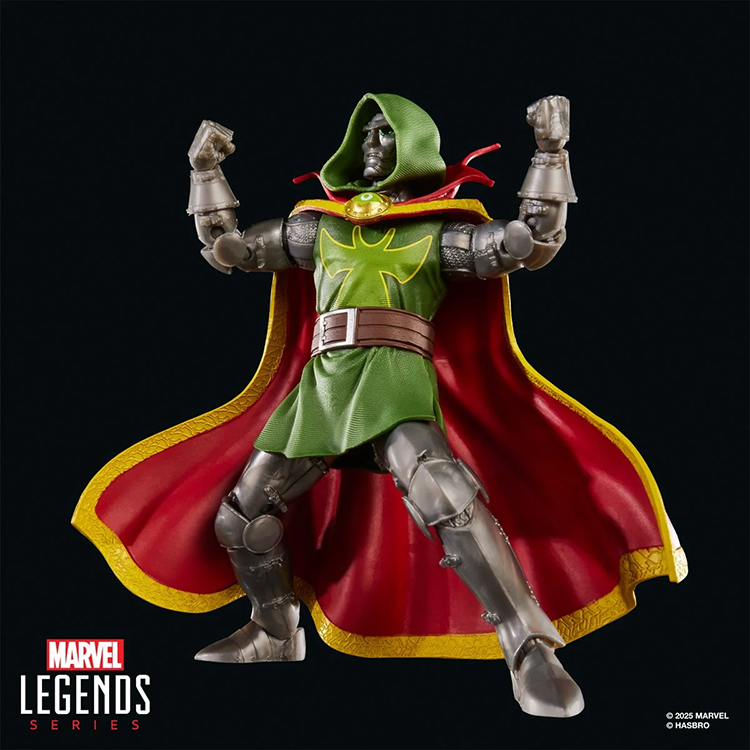 Marvel Legends 6-inch Emperor Doom action figure with green cloak and red cape by Hasbro posed on black background