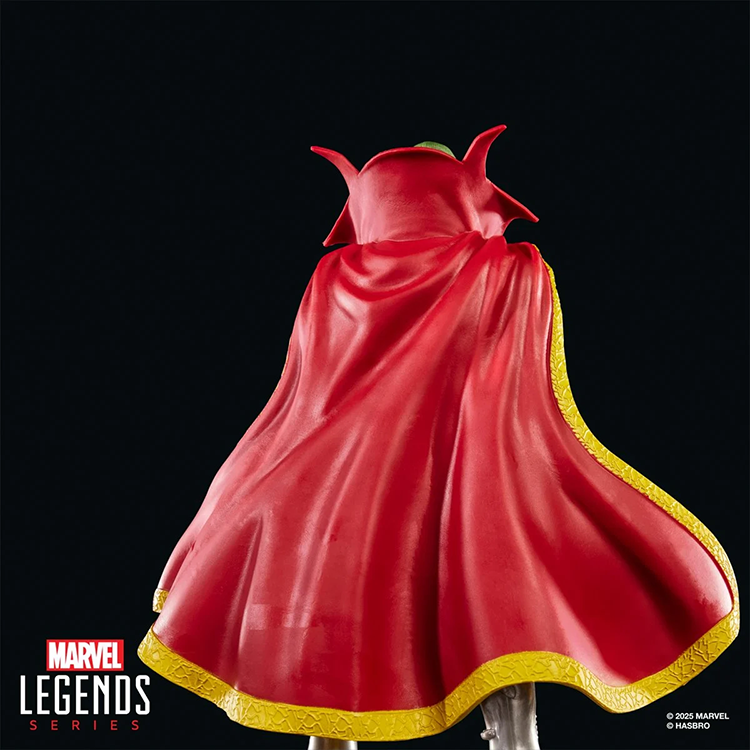 Marvel Legends Emperor Doom 6-inch action figure by Hasbro shown from back with red and gold cape on black background