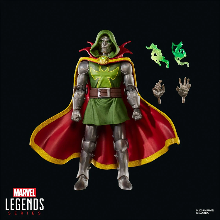 Marvel Legends 6-inch Emperor Doom action figure with green hooded cape and extra hands and effects by Hasbro