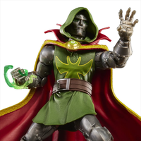 Hasbro Marvel Legends Emperor Doom 6-inch action figure with green hood and red cape posed with energy effect accessory