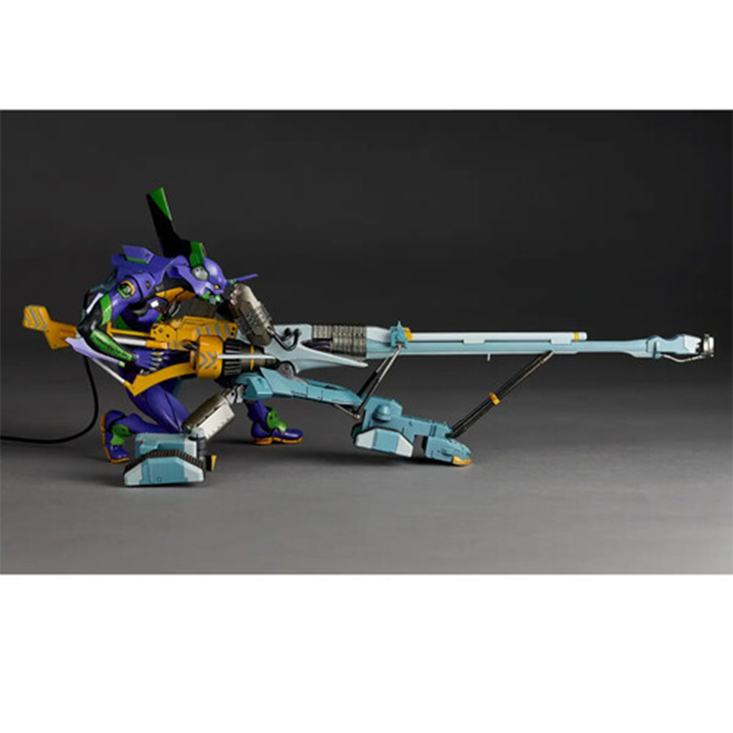 Evangelion Unit-01 Kaiyodo ARTPLA Operation Yashima 360mm Plastic Model Kit posed with rifle