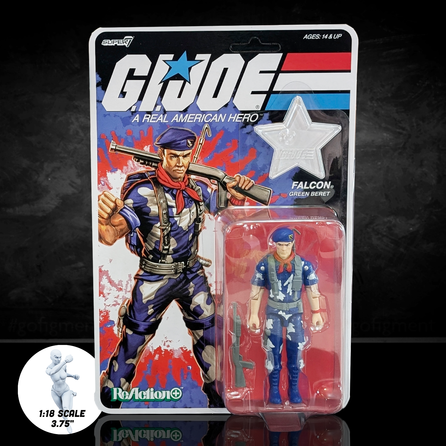 G.I. Joe Lt. Falcon (America's 250th Anniversary) 3 3/4-Inch ReAction+ Figure by Super7 new in box with rifle accessory and star emblem