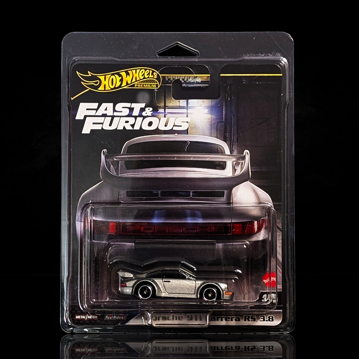Hot Wheels Fast & Furious die-cast Porsche 911 Carrera RS 3.8 in silver with rear spoiler in blister pack