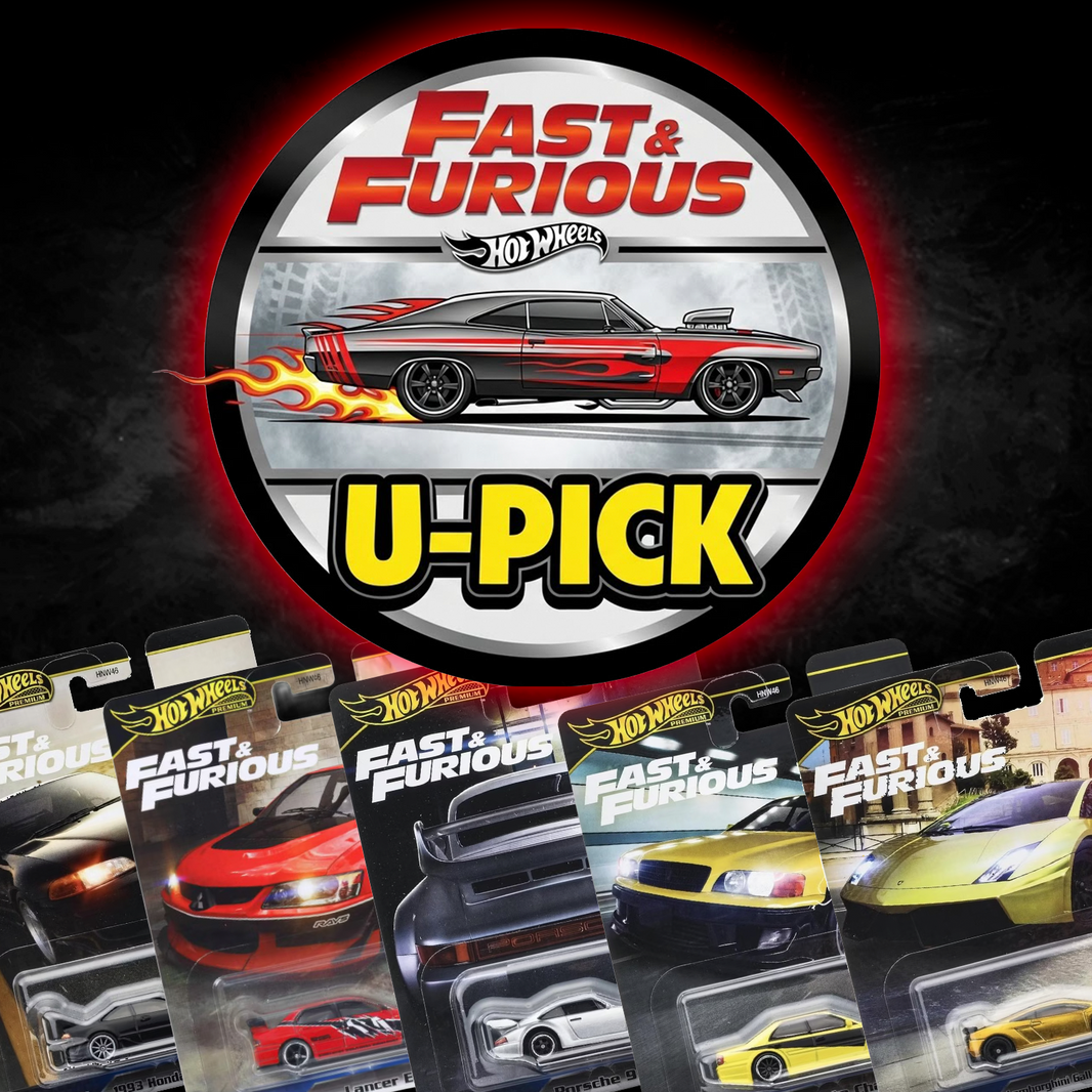 Hot Wheels Fast & Furious 1:64 scale die-cast cars featuring multiple iconic models in branded packaging with flame logo above