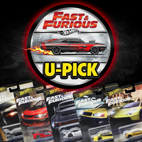 Hot Wheels Fast & Furious 1:64 scale die-cast cars featuring multiple iconic models in branded packaging with flame logo above