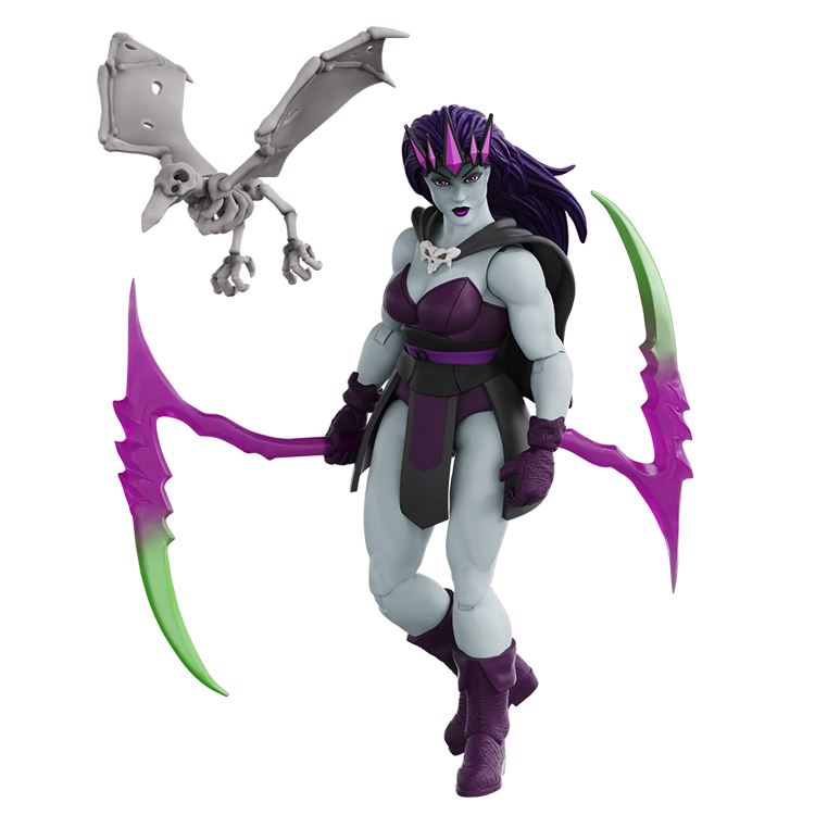 Gray-skinned fantasy archer with purple hair, curved bow, and a winged skeletal creature overhead