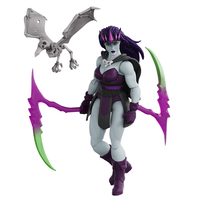Gray-skinned fantasy archer with purple hair, curved bow, and a winged skeletal creature overhead