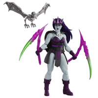 Fantasy female warrior figure with purple hair holding glowing curved blades, with a skeletal bat creature overhead