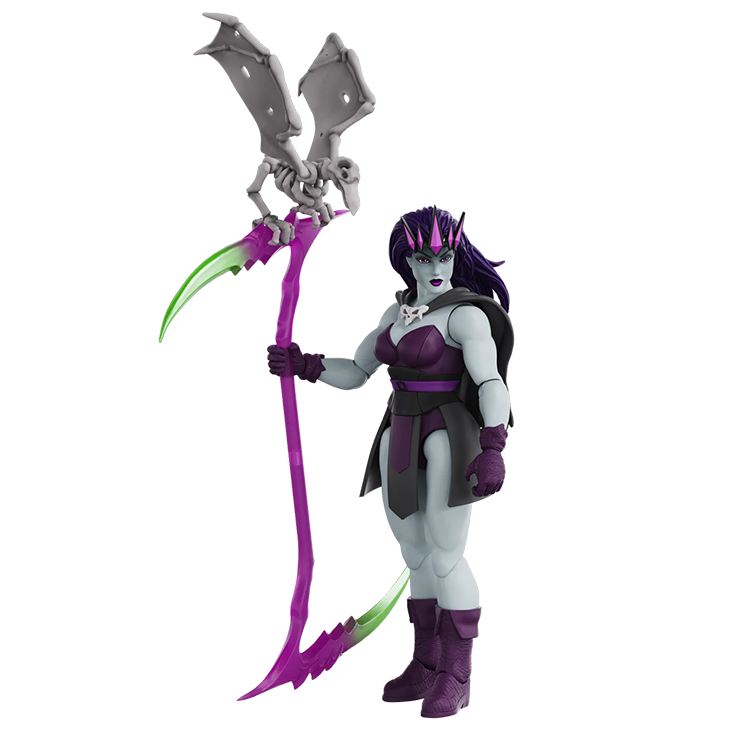 Gray-skinned fantasy figure with purple hair, wings, and a double-ended scythe