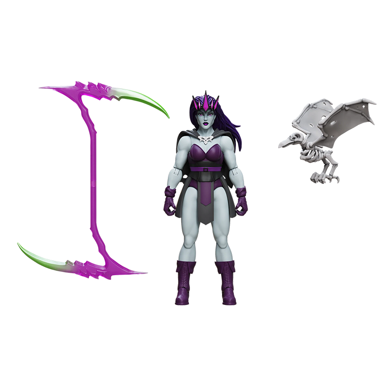 Purple haired armored female figure with a double ended purple weapon and gray winged creature accessory