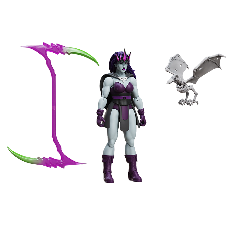 Fantasy female action figure with purple and green weapon beside a gray winged creature