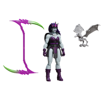 Fantasy female action figure with purple and green weapon beside a gray winged creature