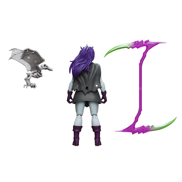 Back view of a purple haired fantasy figure with a gray winged creature and curved purple green weapon