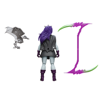 Back view of a purple haired fantasy figure with a gray winged creature and curved purple green weapon
