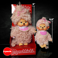 Official Sekiguchi 8-inch Monchhichi Fluffy Pink Girl doll and matching pink mascot plush bundle, often searched as a Monchichi set.