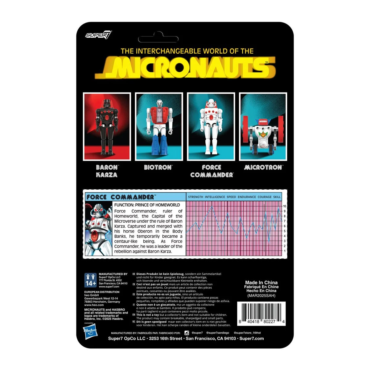 Micronauts Force Commander 3 3/4-Inch ReAction+ Figure – New In Box vintage collectible by Super7 on black packaging card.