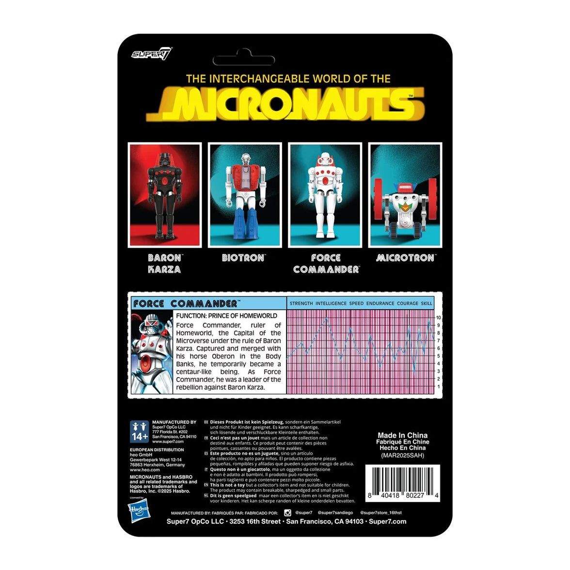Micronauts Force Commander 3 3/4-Inch ReAction+ Figure – New In Box vintage collectible by Super7 on black packaging card.