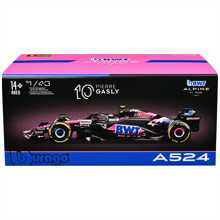 Bburago 1:43 scale die-cast model of Pierre Gasly’s 2024 Alpine A524 Formula 1 car with authentic livery and helmet.