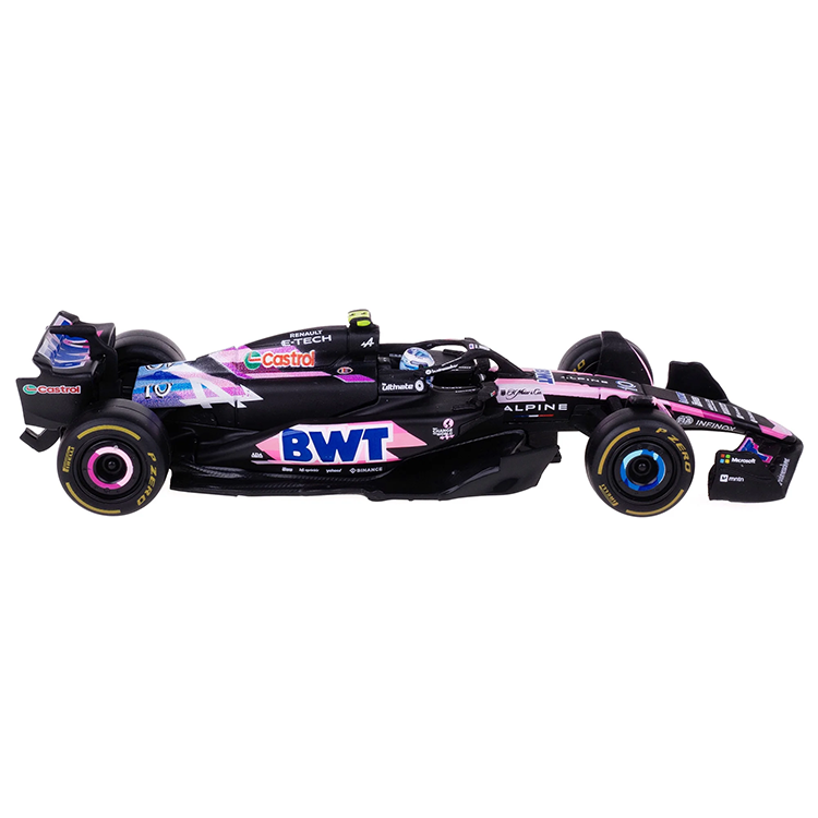 Bburago 1:43 scale die-cast model of Pierre Gasly's 2024 BWT Alpine F1 Team A524 with detailed livery and helmet.