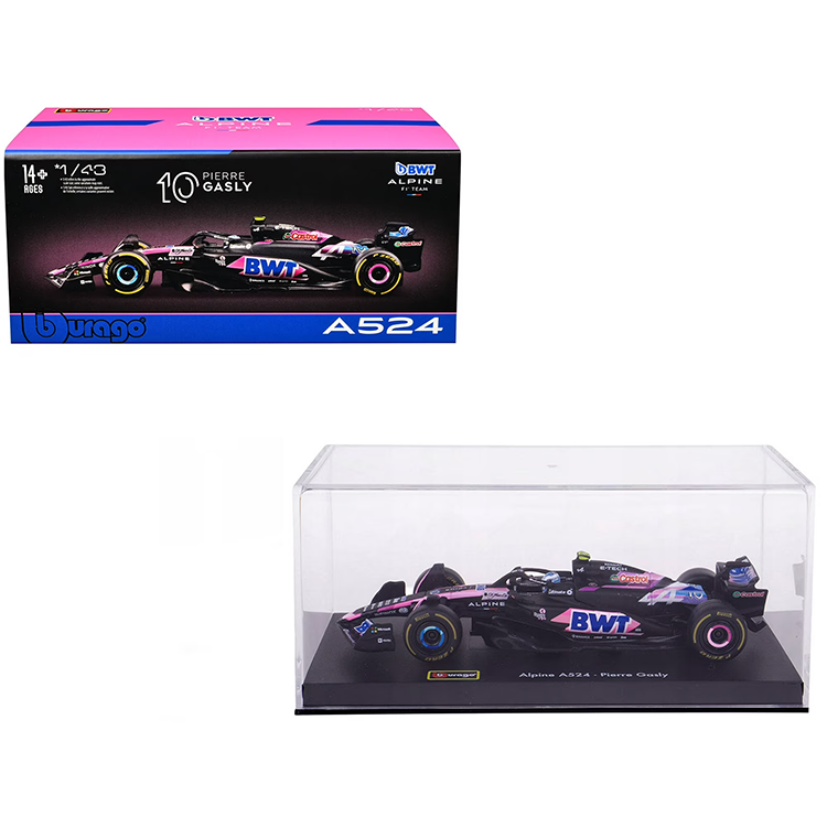 Bburago 1:43 scale die-cast Alpine A524 Formula 1 car with Pierre Gasly figure in display case and packaging