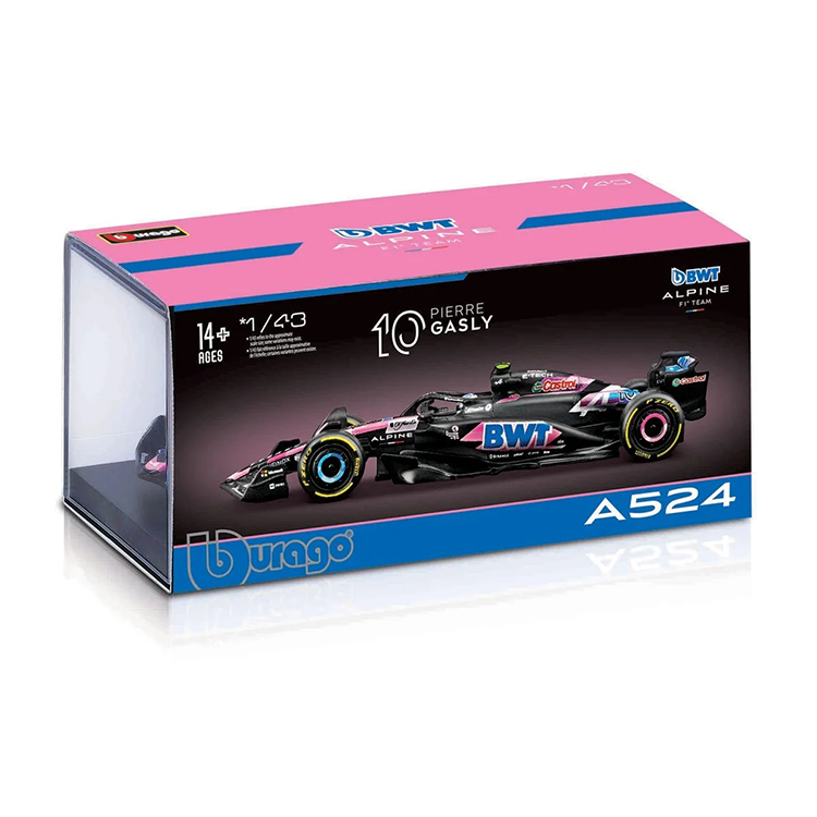 Bburago 1:43 scale die-cast model of BWT Alpine F1 Team A524 Pierre Gasly with helmet in display box