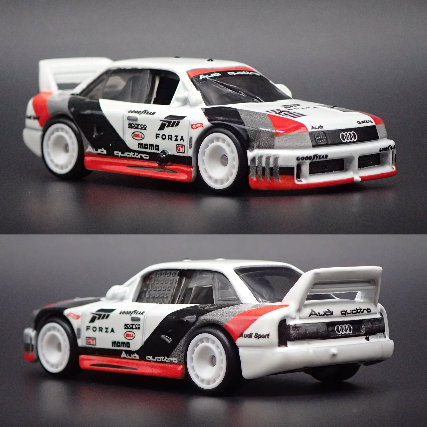 Forza Motorsports Audi 90 Quattro 1:64 Scale Hot Wheels Premium Pop Culture Diecast Car by Mattel in racing livery with spoiler