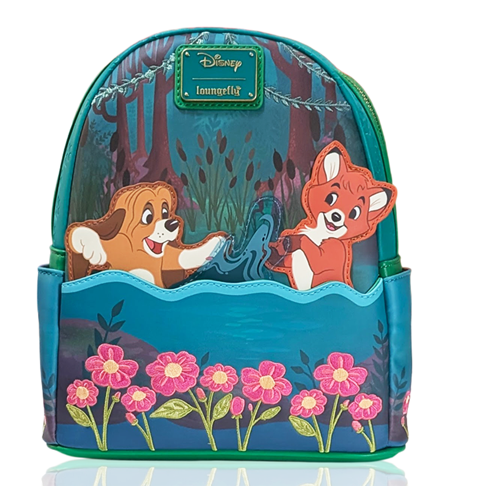 Disney The Fox and the Hound 2026 Loungefly Cosplay Mini-Backpack In Hand with colorful floral and character design