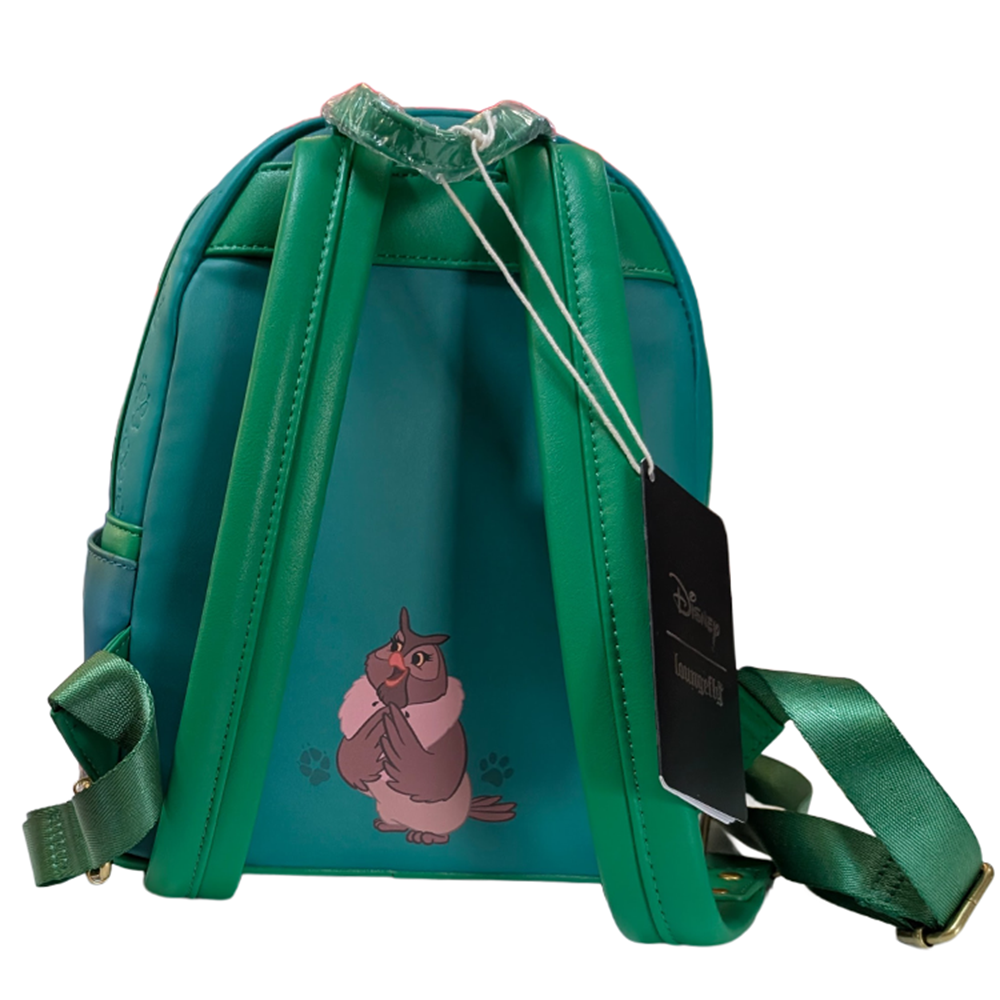 Disney The Fox and the Hound 2026 Loungefly Cosplay Mini-Backpack In Hand showing owl character design on green straps