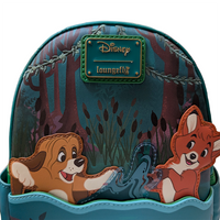 Disney The Fox and the Hound 2026 Loungefly Cosplay Mini-Backpack In Hand featuring characters on forest background