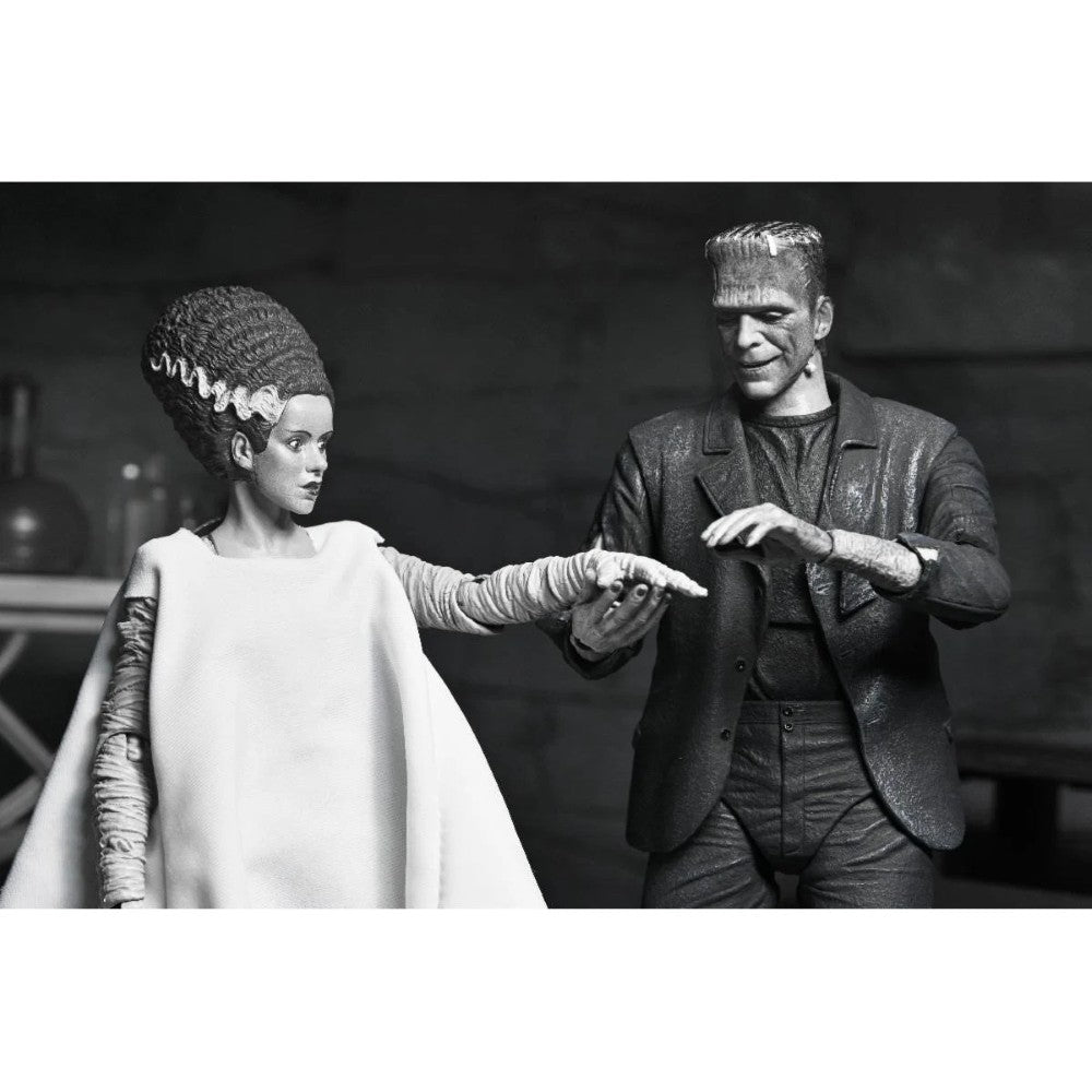 Frankenstein’s Monster B&W Bride of Frankenstein Ultimate Action Figure NECA 7” posed together in black and white collectible set