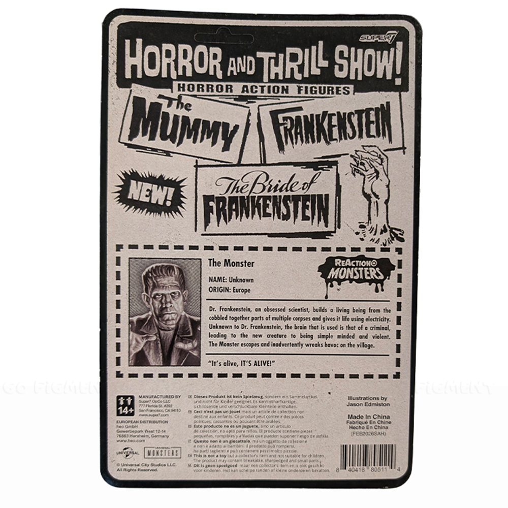 Packaging backcard for Frankenstein Universal Monsters Super7 ReAction+ 3.75-Inch Action Figure by Super7 with horror-themed design.