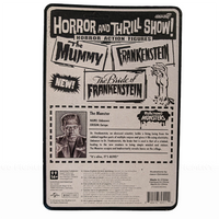 Packaging backcard for Frankenstein Universal Monsters Super7 ReAction+ 3.75-Inch Action Figure by Super7 with horror-themed design.