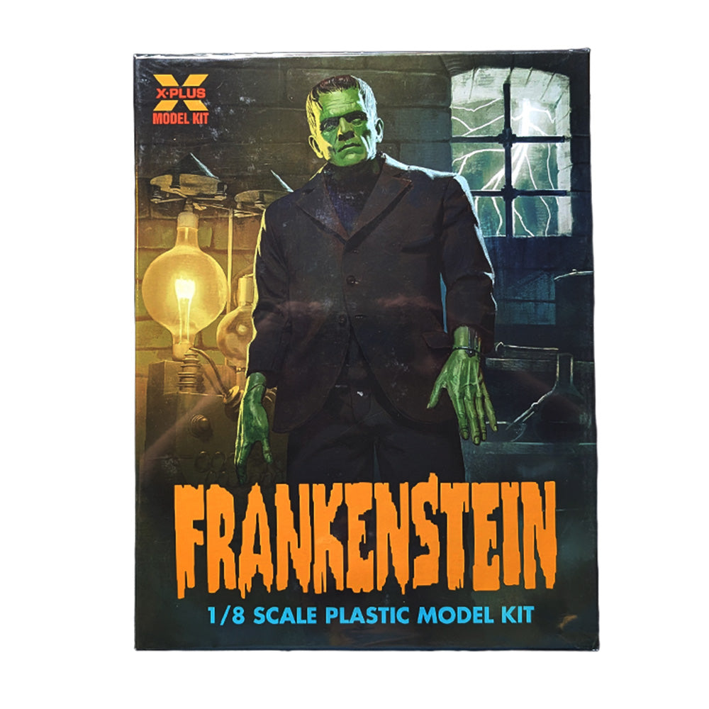 Classic Frankenstein monster standing in a dimly lit lab with electrical equipment and a lightning-lit window behind him