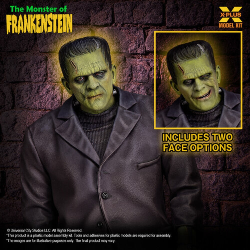 Classic Frankenstein monster figure with two interchangeable facial expressions against a brick wall background