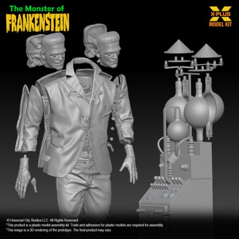 3D rendering of a Frankenstein model kit with interchangeable heads, arms, and a laboratory apparatus assembly.