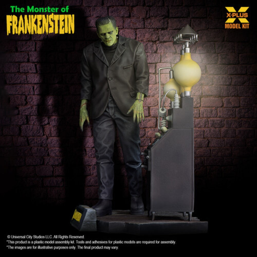 Frankenstein's monster figure standing next to a vintage scientific machine with glowing yellow bulbs and tubes.