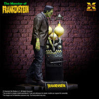 A green Frankenstein monster figure standing next to a vintage electrical device with a brick wall background.