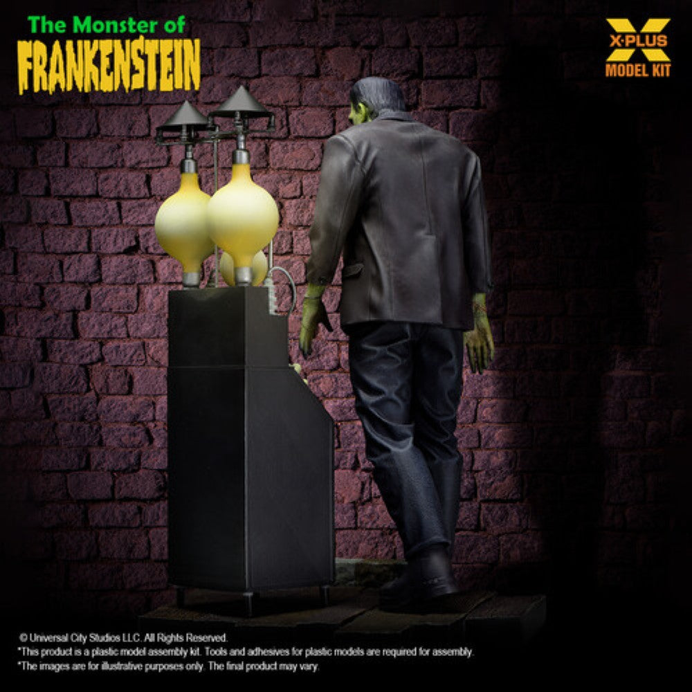 Figure of Frankenstein’s monster walking toward vintage laboratory equipment with brick wall background