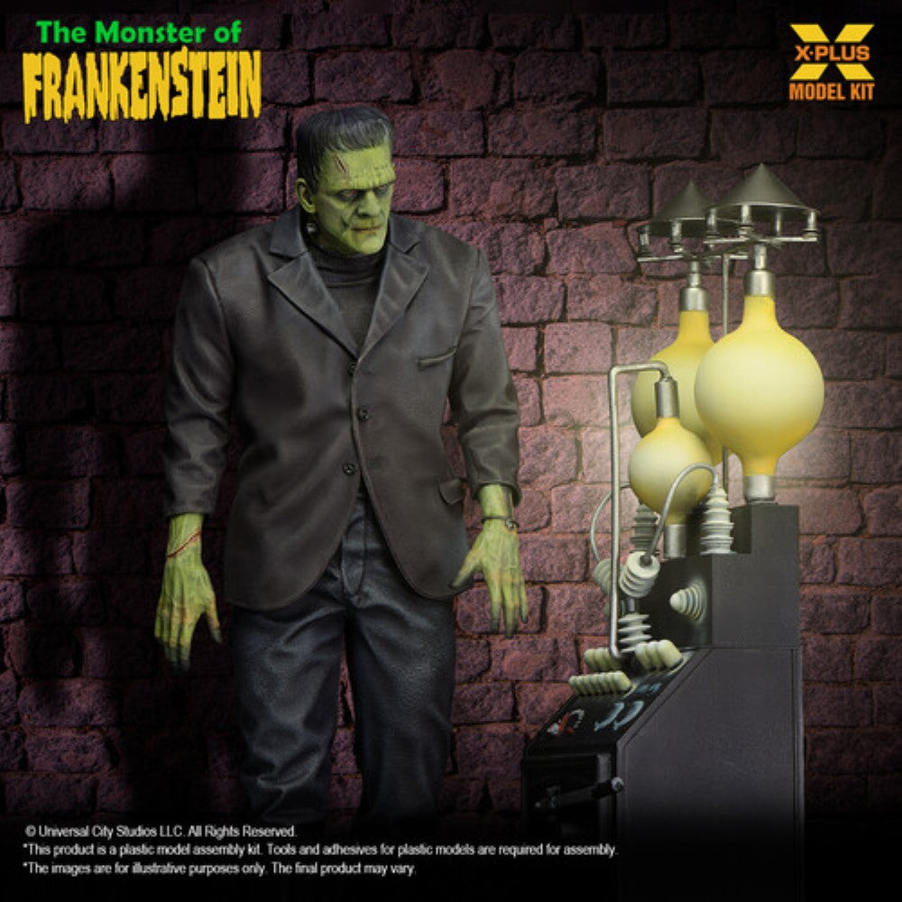 Green-skinned Frankenstein figure posed by a vintage-style electrical lab setup against a brick wall background