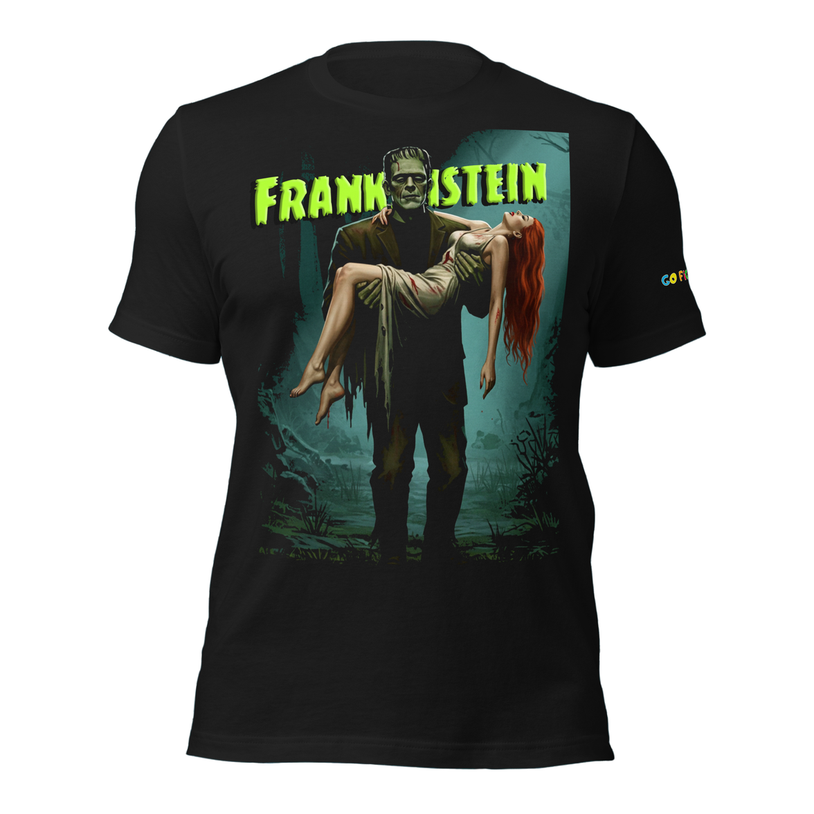 Black t-shirt with Frankenstein holding a red-haired woman in spooky forest under green moonlight