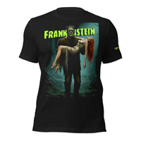 Black t-shirt with Frankenstein holding a red-haired woman in spooky forest under green moonlight