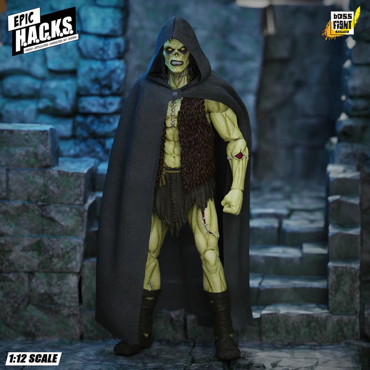 Frankenstein’s Monster Epic H.A.C.K.S. 1:12 Scale Action Figure Boss Fight Studio Llc with fabric cloak and detailed sculpt