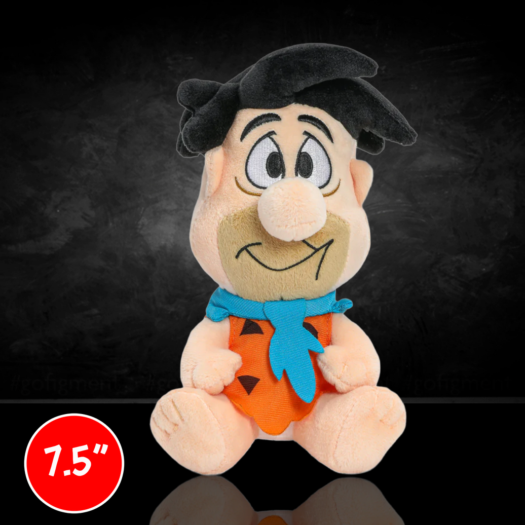 Fred Flintstone Phunny Plush: Hot-Headed, 7.5-Inch, Premium Quality Plush from Bedrock! by Kidrobot seated with bright orange outfit and blue necktie