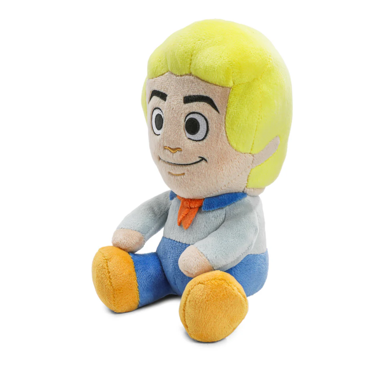 Scooby-Doo Fred 8-Inch Phunny Plush by Kidrobot Collectible Plush Toy with bright yellow hair and blue outfit sitting pose