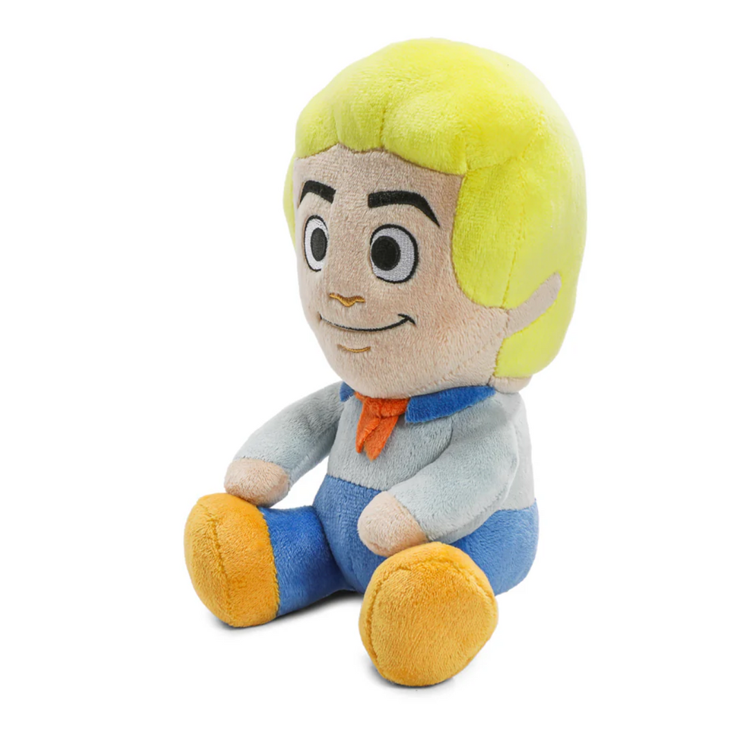 Scooby-Doo Fred 8-Inch Phunny Plush by Kidrobot Collectible Plush Toy with bright yellow hair and blue outfit sitting pose