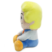 Scooby-Doo Fred 8-Inch Phunny Plush by Kidrobot Collectible Plush Toy sitting sideways with bright yellow hair and blue pants