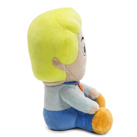 Scooby-Doo Fred 8-Inch Phunny Plush by Kidrobot Collectible Plush Toy sitting sideways with bright yellow hair and blue outfit