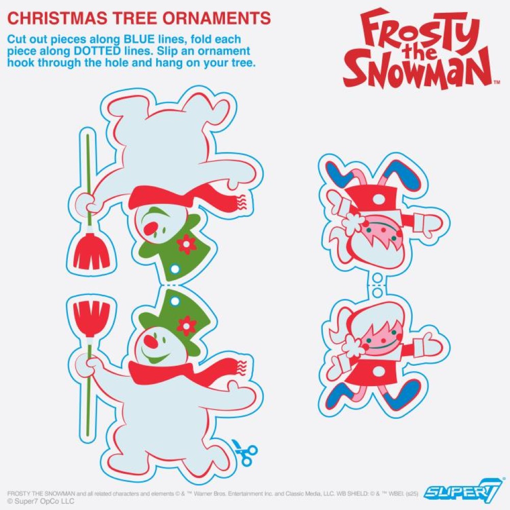 Frosty the Snowman Christmas tree ornament cutout sheet featuring characters with instructions by Super7